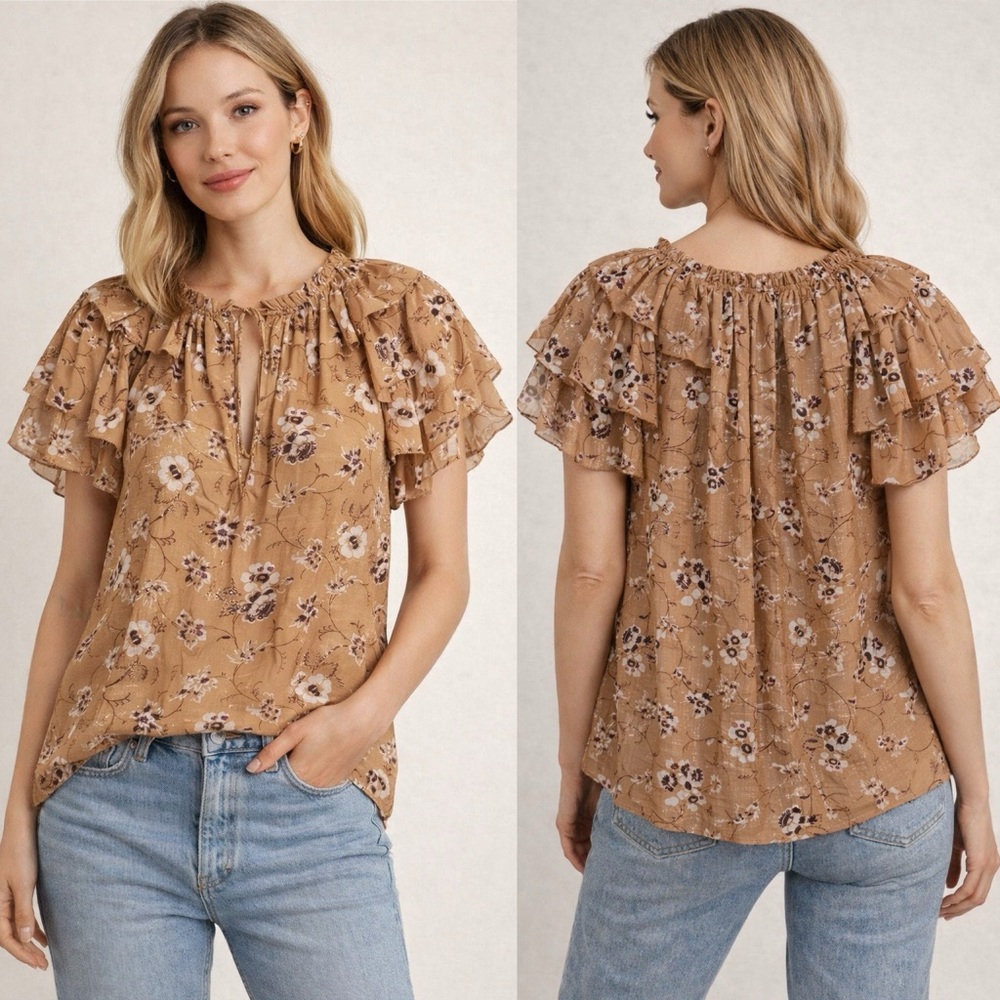 NWOT Ulla Johnson Brown Silk Blend Floral Blouse Size 6